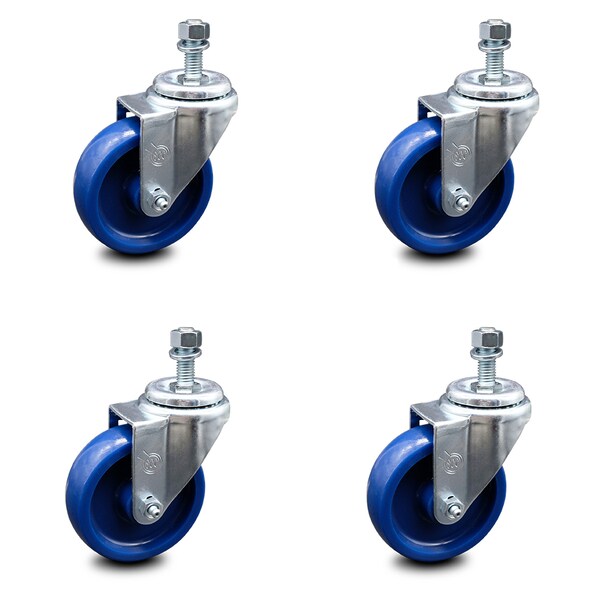 4 Inch Solid Polyurethane Wheel Swivel 10mm Threaded Stem Caster Set SCC